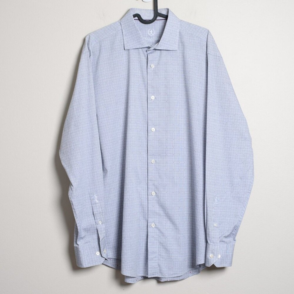 Bugatchi Uomo Large Button Down Dress Shirt Light Blue Checker
